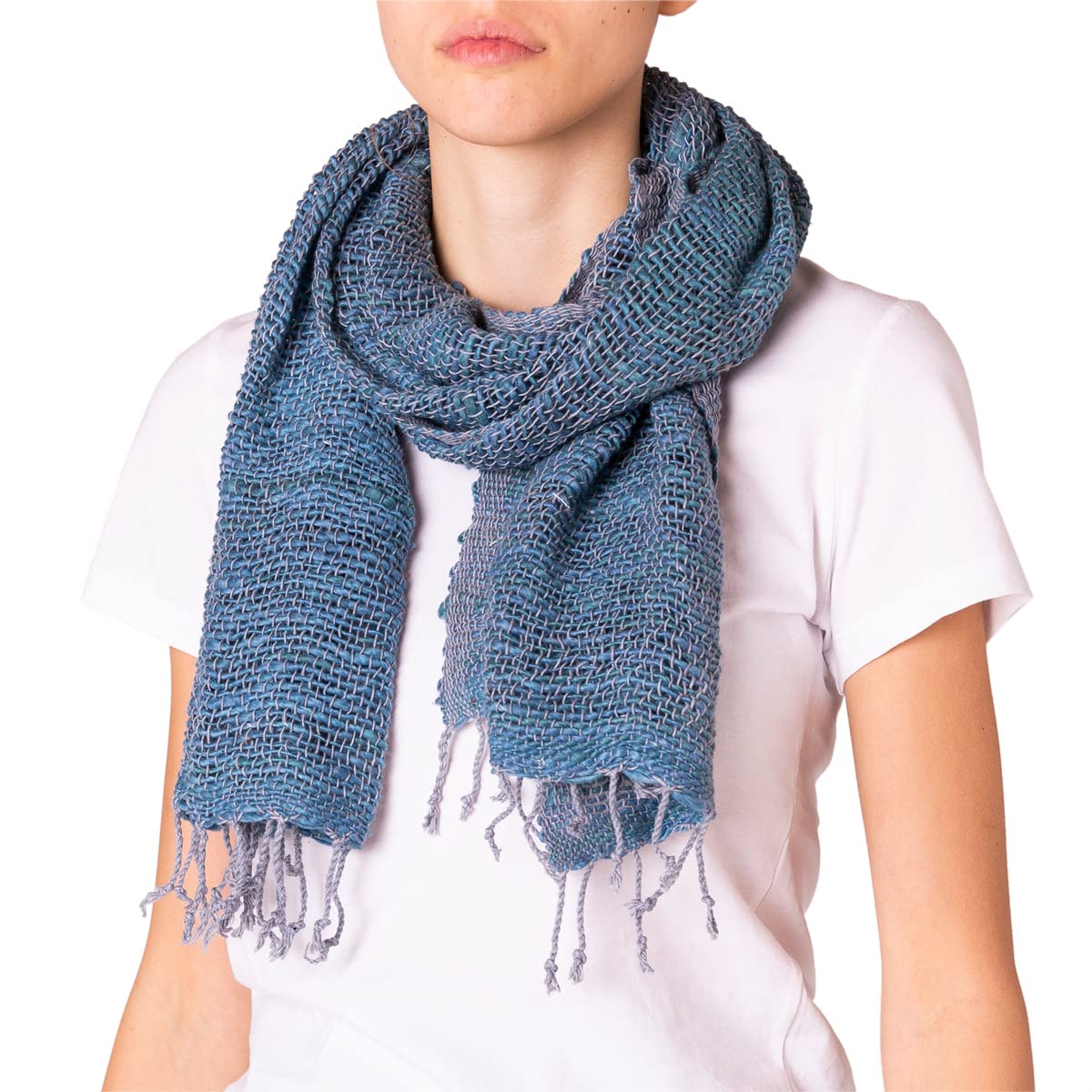PANASIAM scarf cotton woven, dark turquoise with grey, 165x50cm