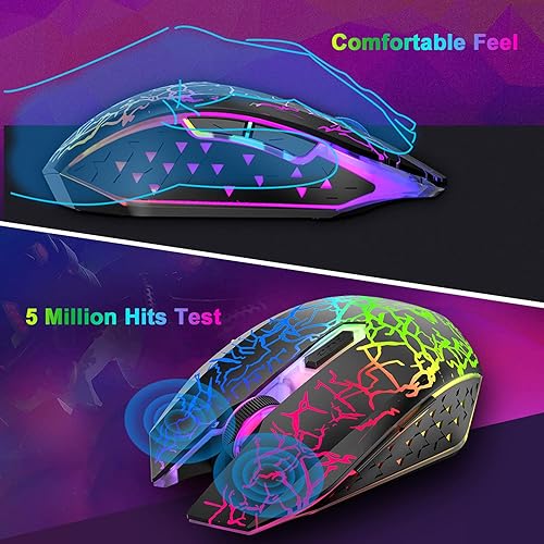 Miniatura 4 de Combo de teclado y mouse inalámbricos para juegos, teclado retroiluminado arcoíris de 61 teclas con recargable de 4000 mAh, sensación mecánica,