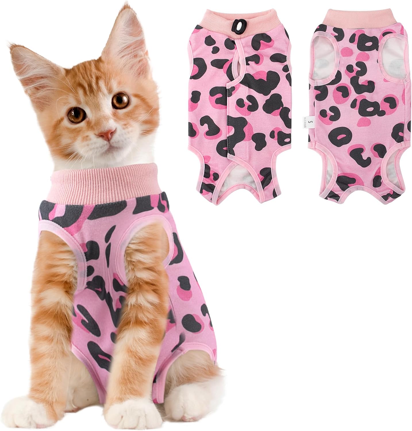 Cat Recovery Suit Female, Breathable Cat Onesie After Surgery Female for Abdominal Wounds or Skin Diseases, Surgery Recovery Suit Kitten Onesie After Spay Wear Anti Licking Small Leopard Pink