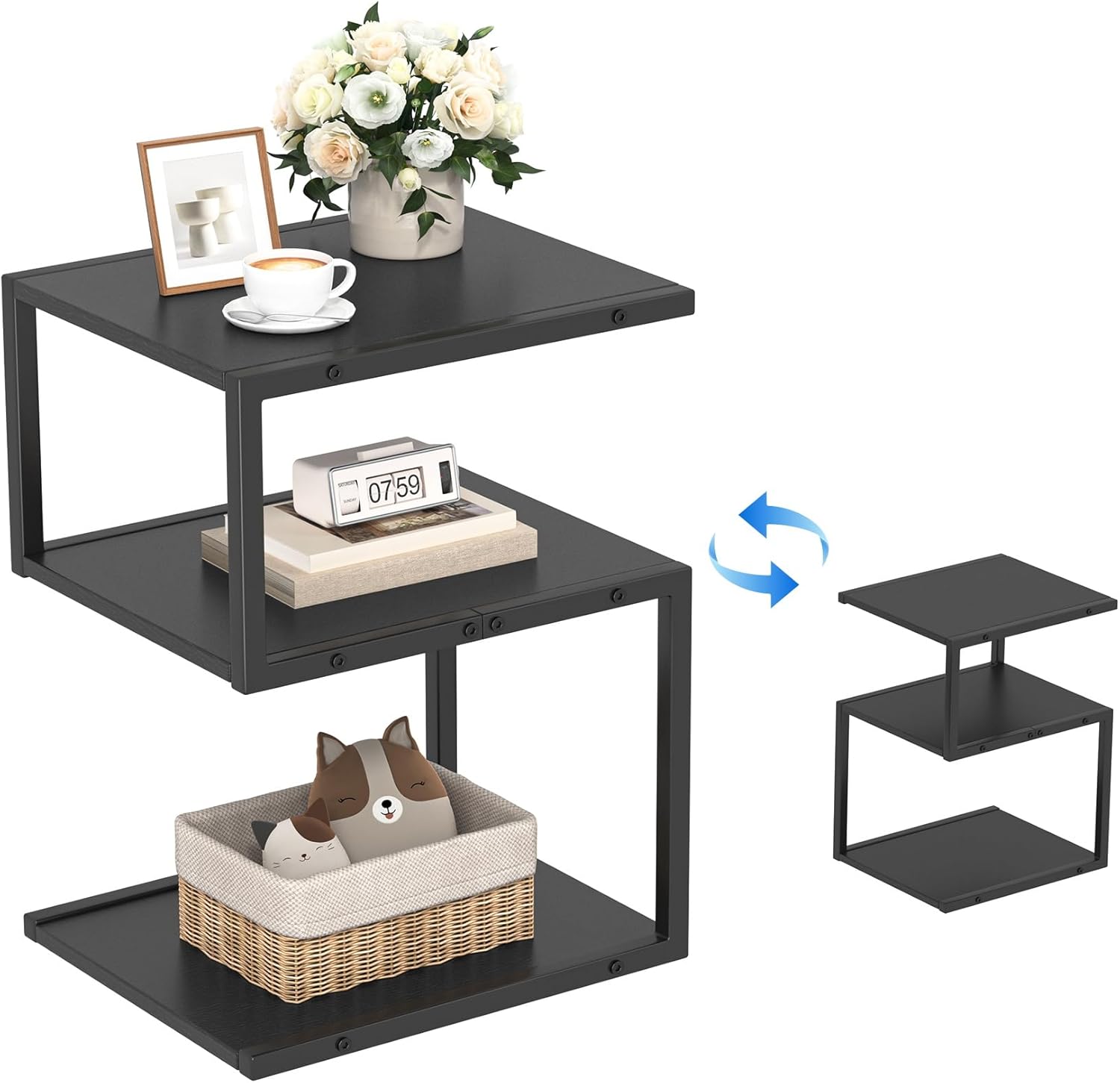 S-Shaped Side Table 3 Tier, Minimalist Nightstand for Small Spaces with Open Storage, Narrow End Table for Living Room Bedroom, Black