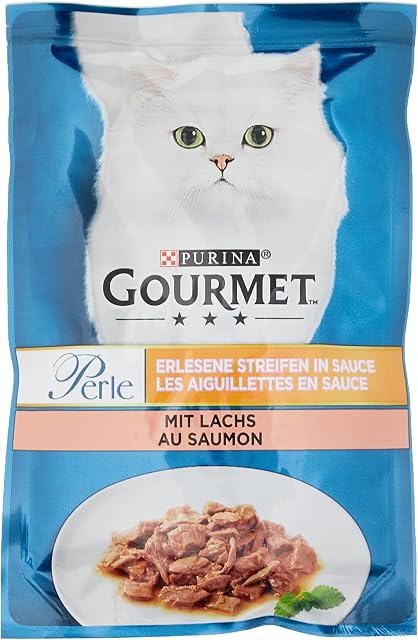 PURINA GOURMET Perle Karma dla kotów, wyszukane paski, mokra, z łososiem, opakowanie 26 sztuk (26 x 85 g)