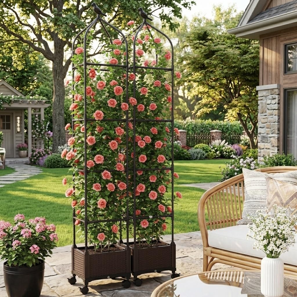 HOMASIS Fioriera con Grigliato con Decorazione di Uccelli, Supporto per Arrampicanti con Ruote, Fioriera con Spalliera, Obelisco da Giardino con Serbatoio d'Acqua da Balcone, Nero (Modello 4)