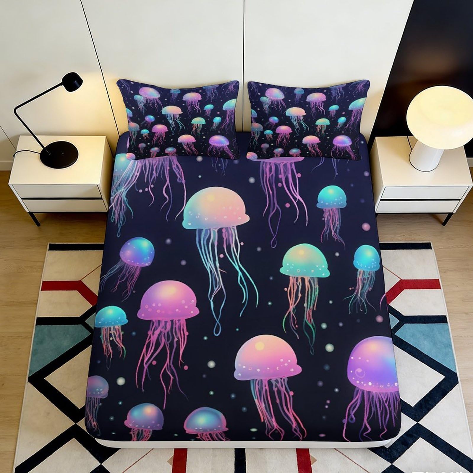 3D Printed Colorful Jellyfish Fitted Sheet Microfiber Soft Breathable Ocean Glow Bed Cover for Bedroom Dorm Decor 90x200x25cm