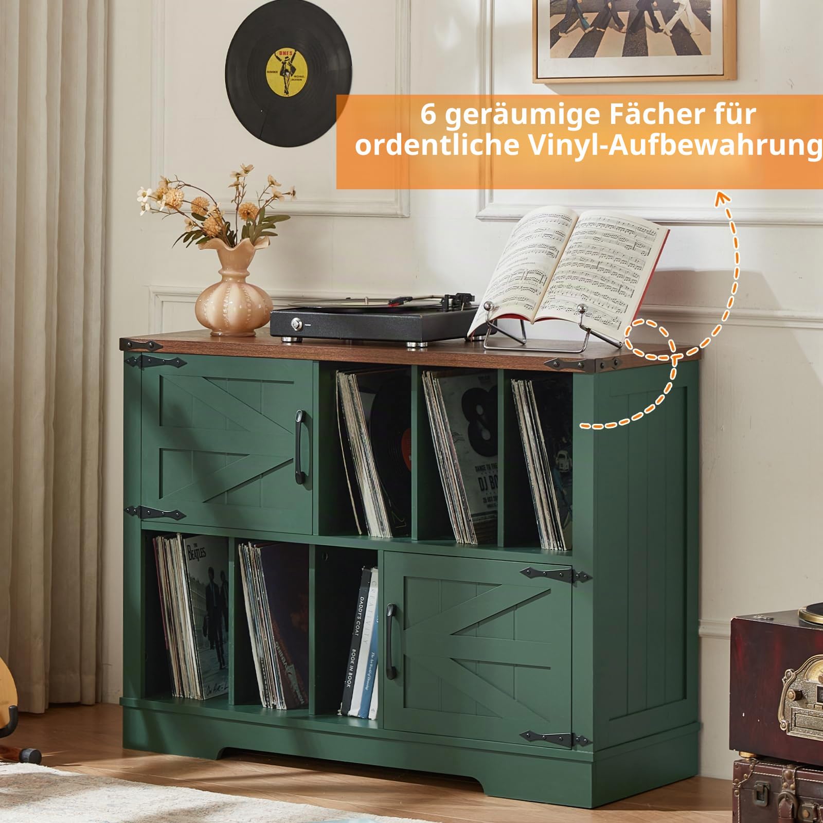 LELELINKY Großer 1m-Plattenspieler-Ständer mit Aufbewahrung, Plattenständer mit Scheunentür, Plattenregal mit Aufbewahrung für bis zu 300 Alben, Vinylplatten-Halterung für Musikzimmer, Grün
