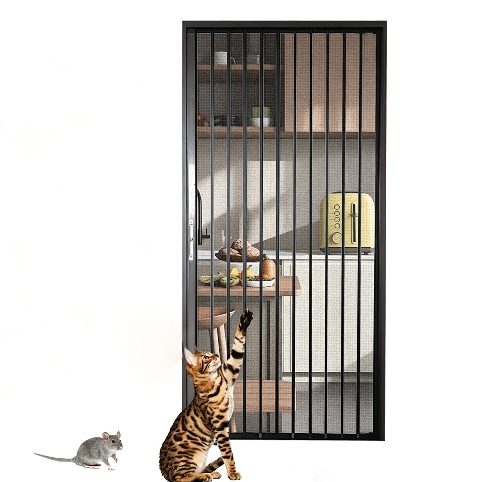 Jievmrs Foldable Accordion Sliding Door Mesh Screen, Retractable Folding Door with Locking Mechanism, Ventilated Gate Door Prevent Cats/Dogs Entering(57x80in(145x203cm))