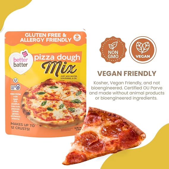 Better Batter Pizza Crust Mix | Certified Kosher, Vegan & Gluten Free Mix for Baking Top 9 Allergen-Free Perfect for 14 Pizzas! Just Add Water, Oil & Yeast Hostess Kitchen Cooking Gifts 4LB Pouch