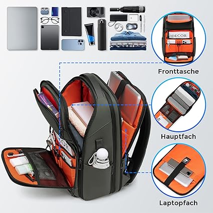 FENRUIEN Uitbreidbare Laptoprugzak 17,3 Inch, Zakelijke Rugzak Voor Heren, 34-46 Liter, Voor Dames, Meisjes, Tieners, Met Laptopvak, USB-Oplaadpoort, Zwart 1, Extra Breit