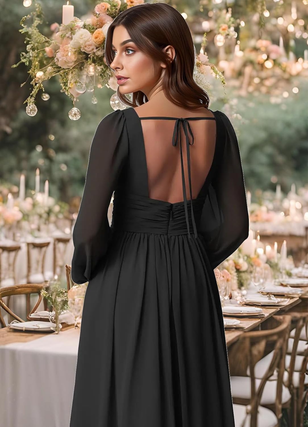 firfig Women Mesh Deep V Neck Open Back Sheer Long Sleeve Slit Leg Bridesmaid Maxi Dress Cocktail Party Wedding Guest Dresses - Image 6