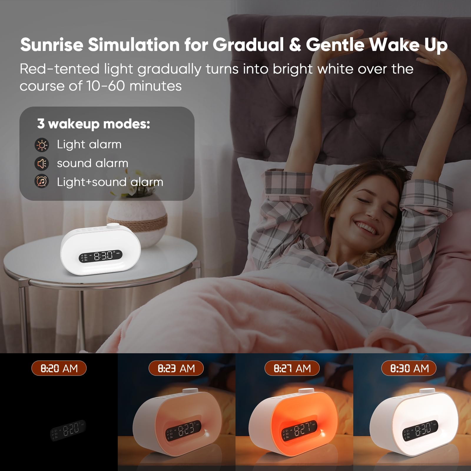 Lampe de Réveil Bluetooth avec Radio FM, 2 Alarmes, 16 Couleurs, Snooze, 8 Sonneries