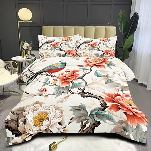 Miniatura 3 de CCoutueChen Juego de edredón con diseño floral de pájaros, tamaño individual, juego de ropa de cama vintage con flores rojas y beige, juego de ropa