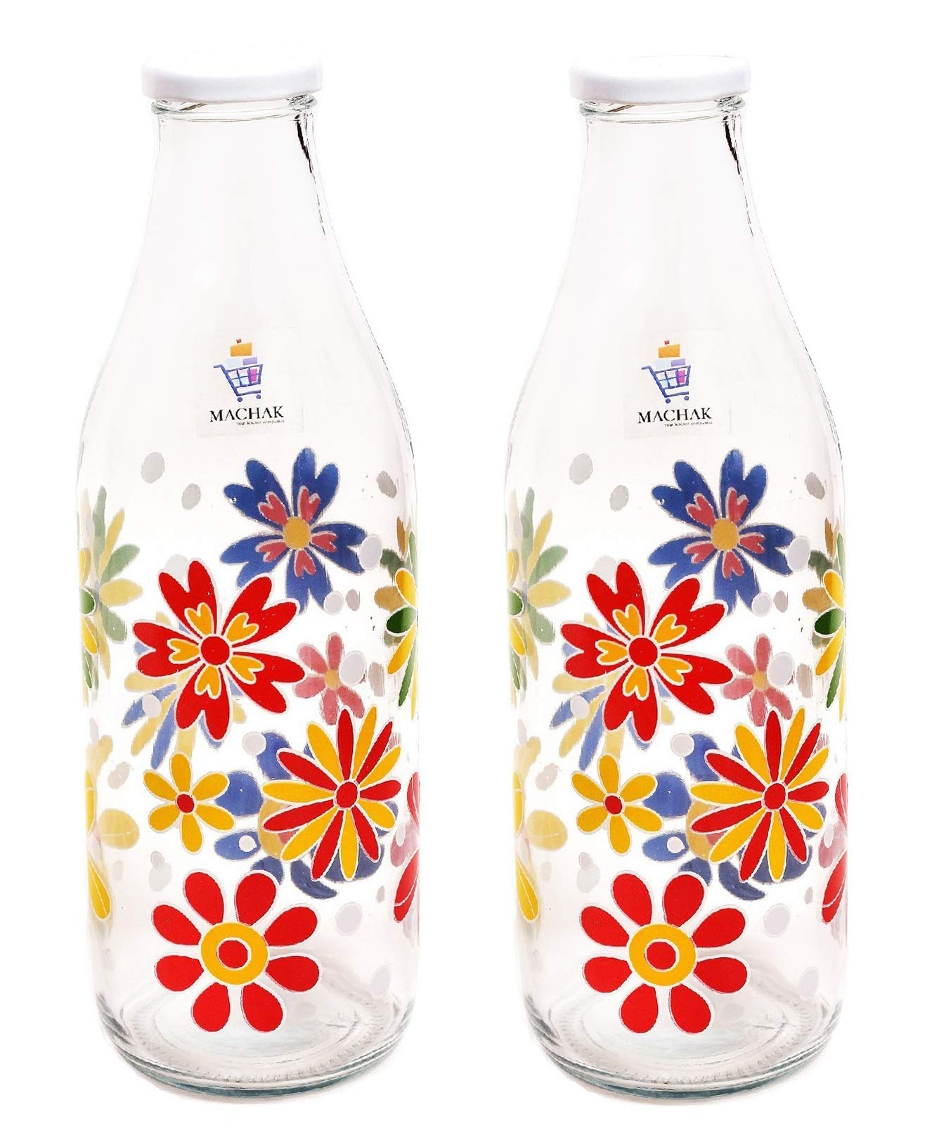 Machak Printed Glass Water Bottle For Fridge 1 litre, (Florall, Set of 2)