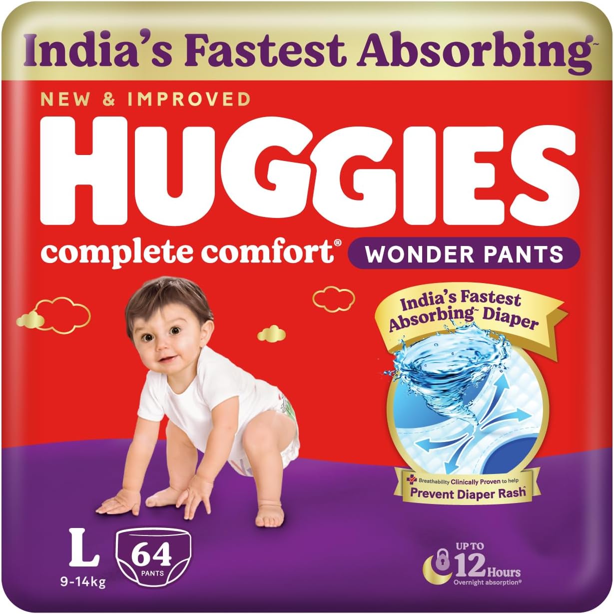 Huggies Complete Comfort Wonder Pants | Pant Style Baby Diapers Large Size (L), 64 Count | India's Fastest Absorbing Diaper, Prevents Diaper Rash, Ideal for 9 to 14 Kgs