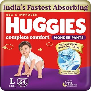Complete Comfort Wonder Pants | Pant Style Baby Diapers Large Size (L), 64 Count | India's Fastest Absorbing Diaper, Prevents Diaper Rash, Ideal for 9