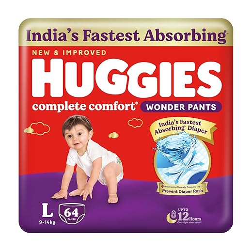Huggies Complete Comfort Wonder Pants | Pant Style Baby Diapers L Size, 64 Count | India's Fastest Absorbing Diaper, Patented Dry Xpert Channel, Ideal for 9 to 14 Kgs
