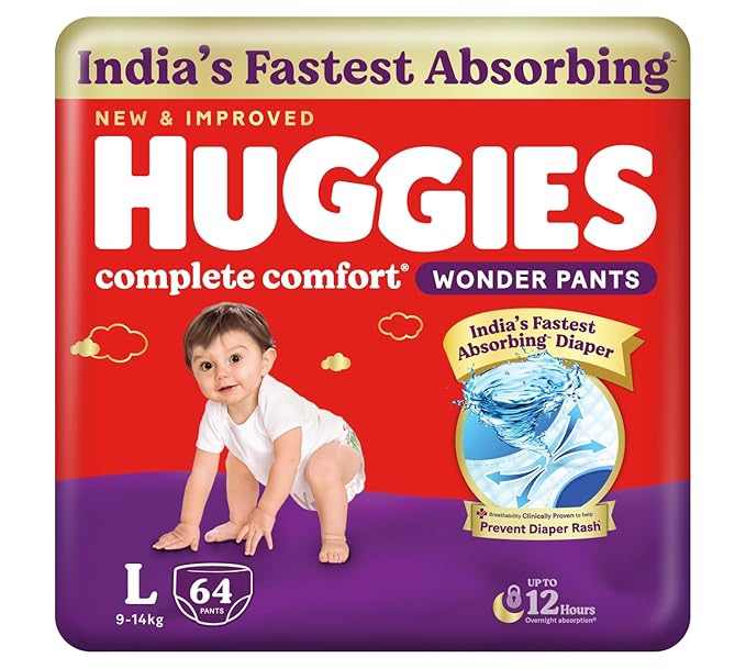 Huggies Complete Comfort Wonder Pants | Pant Style Baby Diapers Large Size, 64 Count | India's Fastest Absorbing Diaper, Prevents Diaper Rash, Ideal for 9 to 14 Kgs