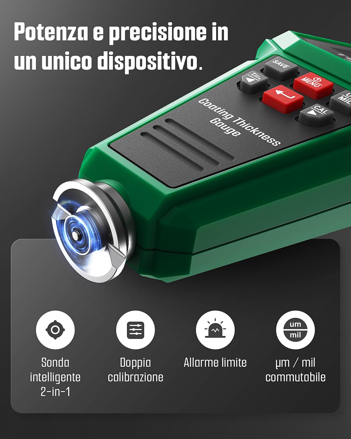 TESMEN TCG-2001 Spessimetro per Vernice Auto, Misuratore Digitale con Grafico a Barre, Schermo a Colori Retroilluminato 4 Vie, Allarme di Soglia, Sonda Fe/NFe – Verde