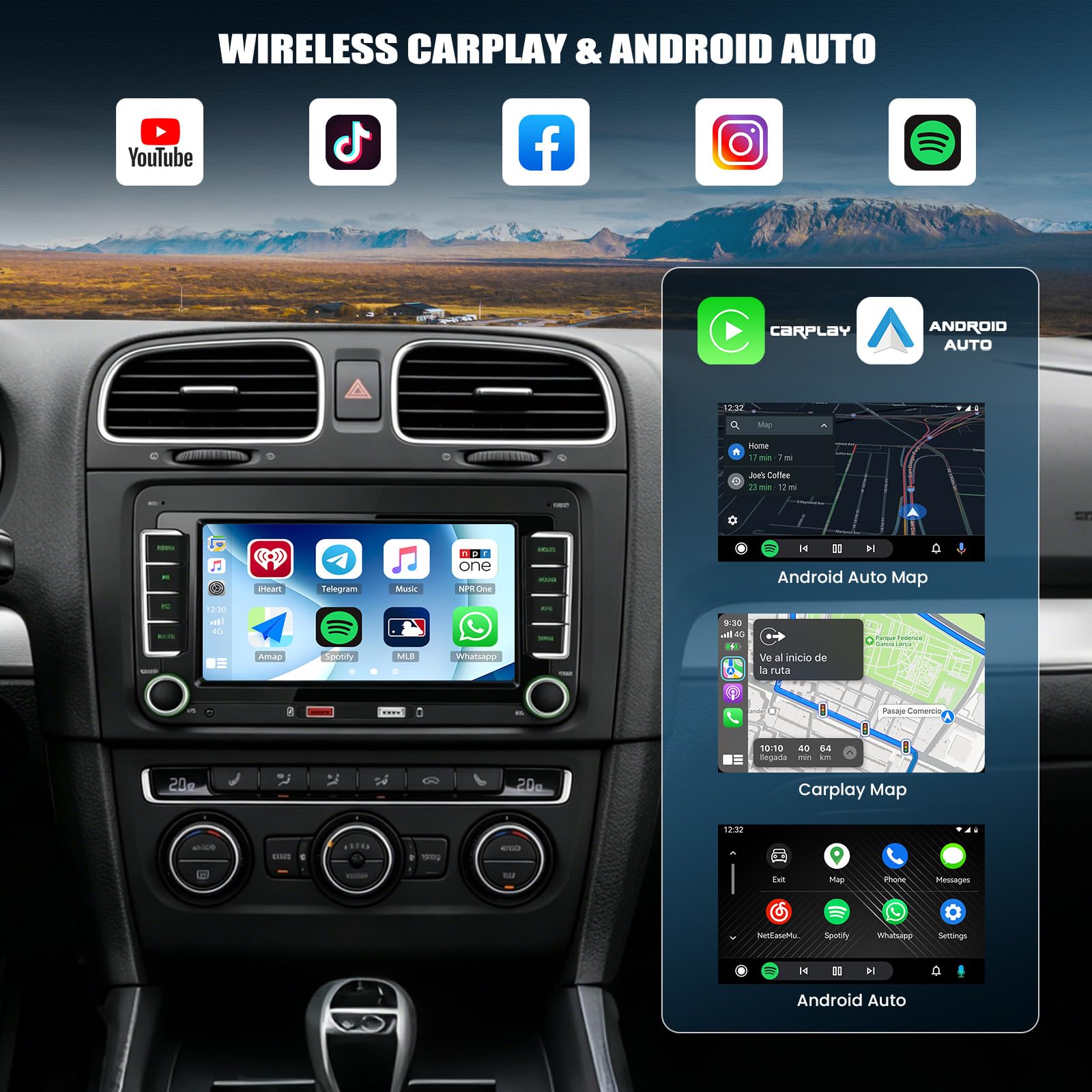 CAMECHO Odtwarzacz samochodowy z CarPlay dla VW Golf 5 i 6 oraz Polo z Android Auto ekranem dotykowym IPS 7 cali 2 Din radio FM AM RDS Bluetooth MirrorLink dwa porty USB SWC i Canbus