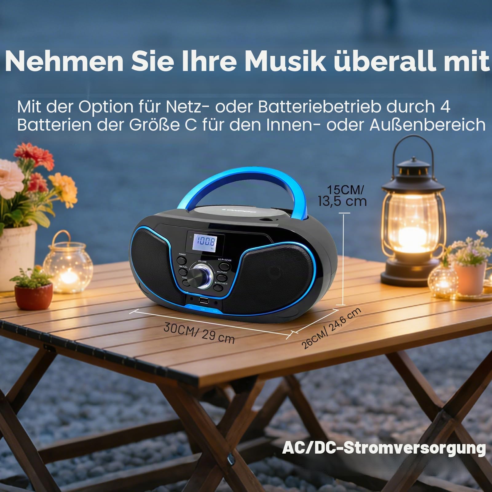 Tragbar CD Player Boombox Bluetooth - mit UKW Radio, USB Eingang & AUX & Kopfhörern Ports, Stereoanlage Music System (LP-D02)