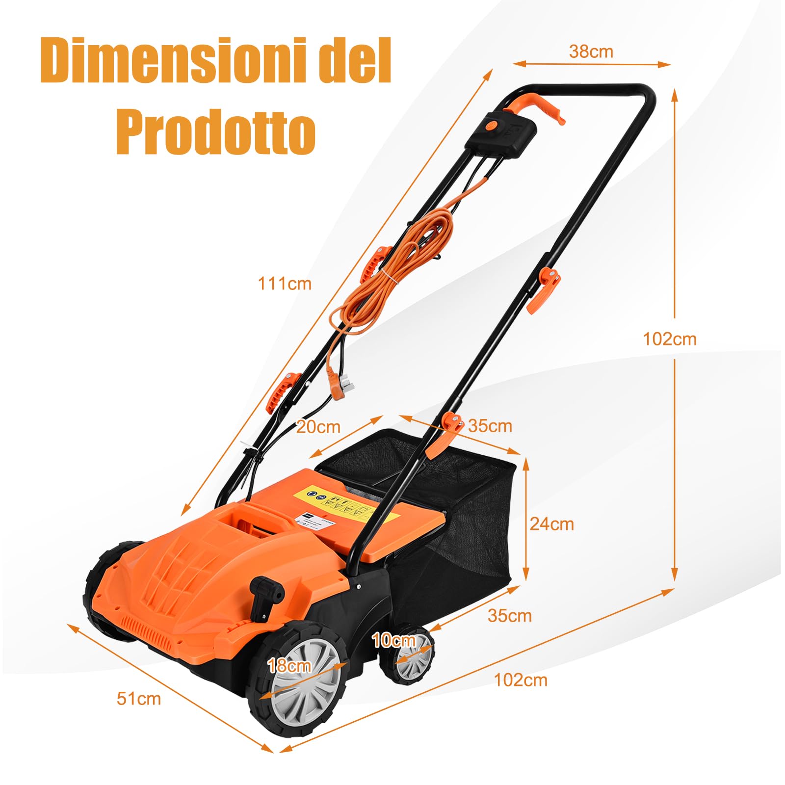 RELAX4LIFE 2 in 1 Scarificatore Elettrico, Aeratore da Prato, Cesto di Raccolta Erba da 30L/45L Sacchetto per la Raccolta dell'Erba, 1800W Estirpatore di Erbacce, Scarificatore Aeratore e Rastrello