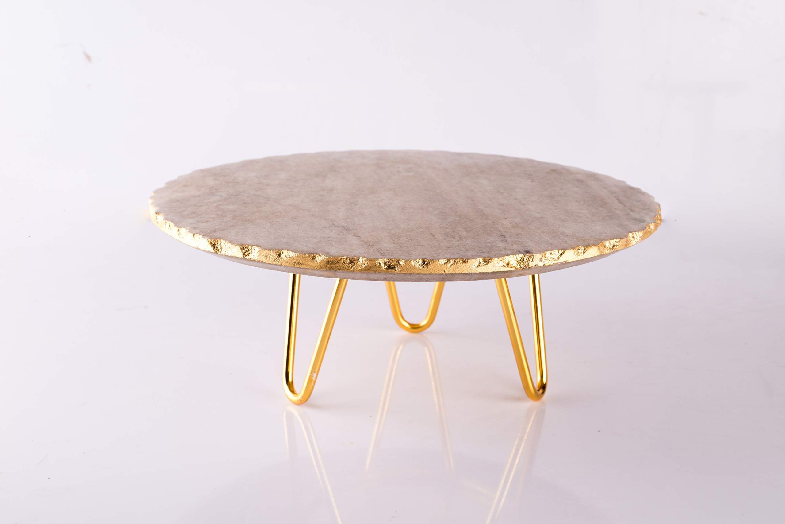 NikkisPride Cake Stand Beige Marble Plate Brass Stand Cake Server Size (8 inchx8 inch x 4 inch)