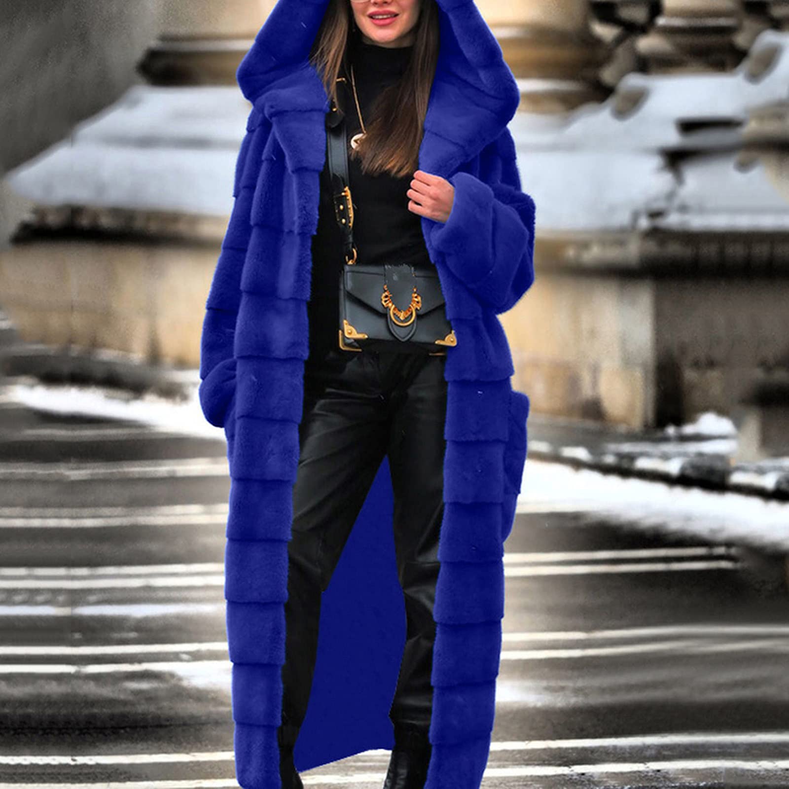 Manteau long en fourrure avec capuche pour femme - Chaud - En fausse fourrure - Couleur unie - Avec poche