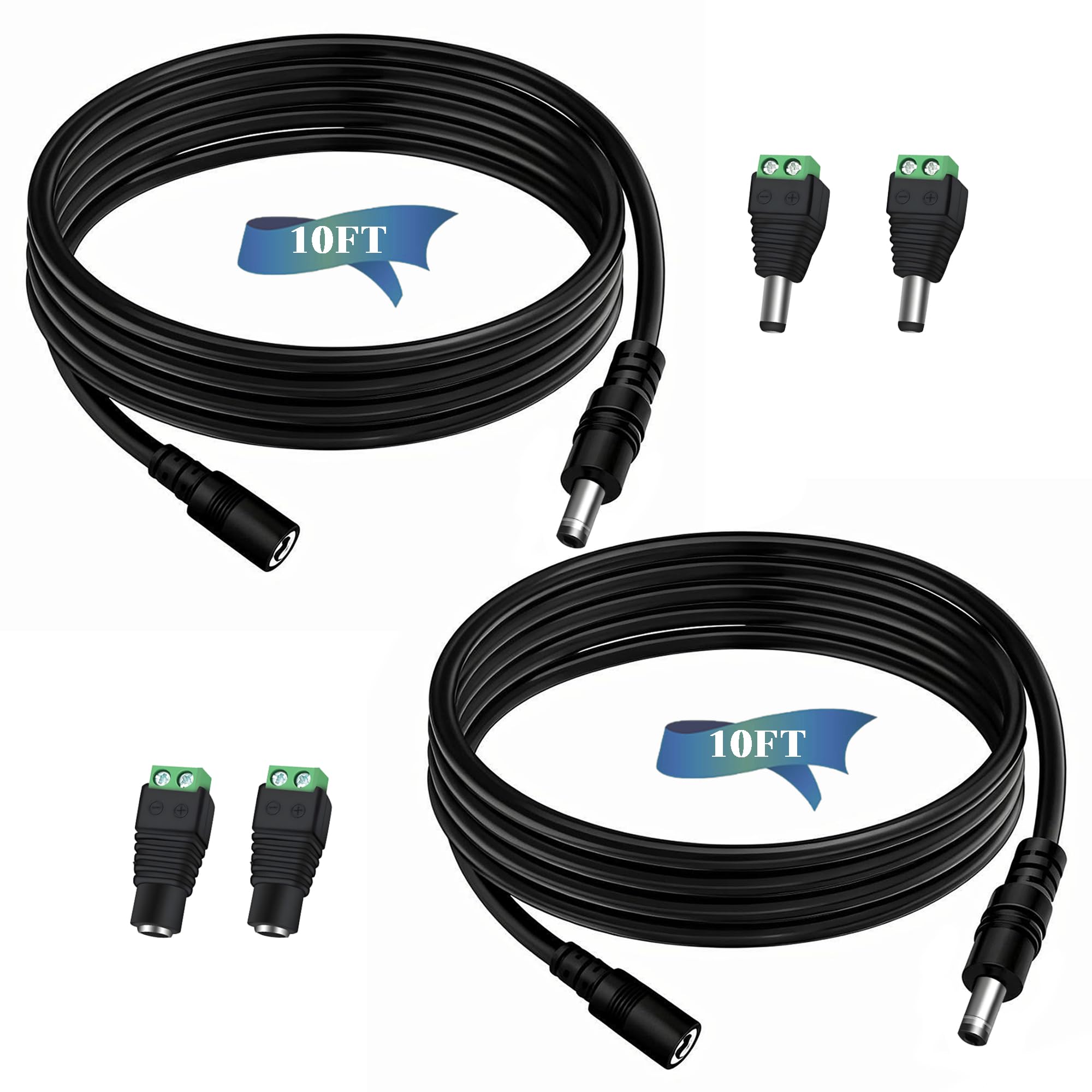 Dianrui 2 PCS 10FT (3M) Dc Power Extension Cable, 5.5mm x 2.1mm 12V Dc Extension Cord Power Adapter with Power Jack Adapter Connectors(2 x Male + 2 x
