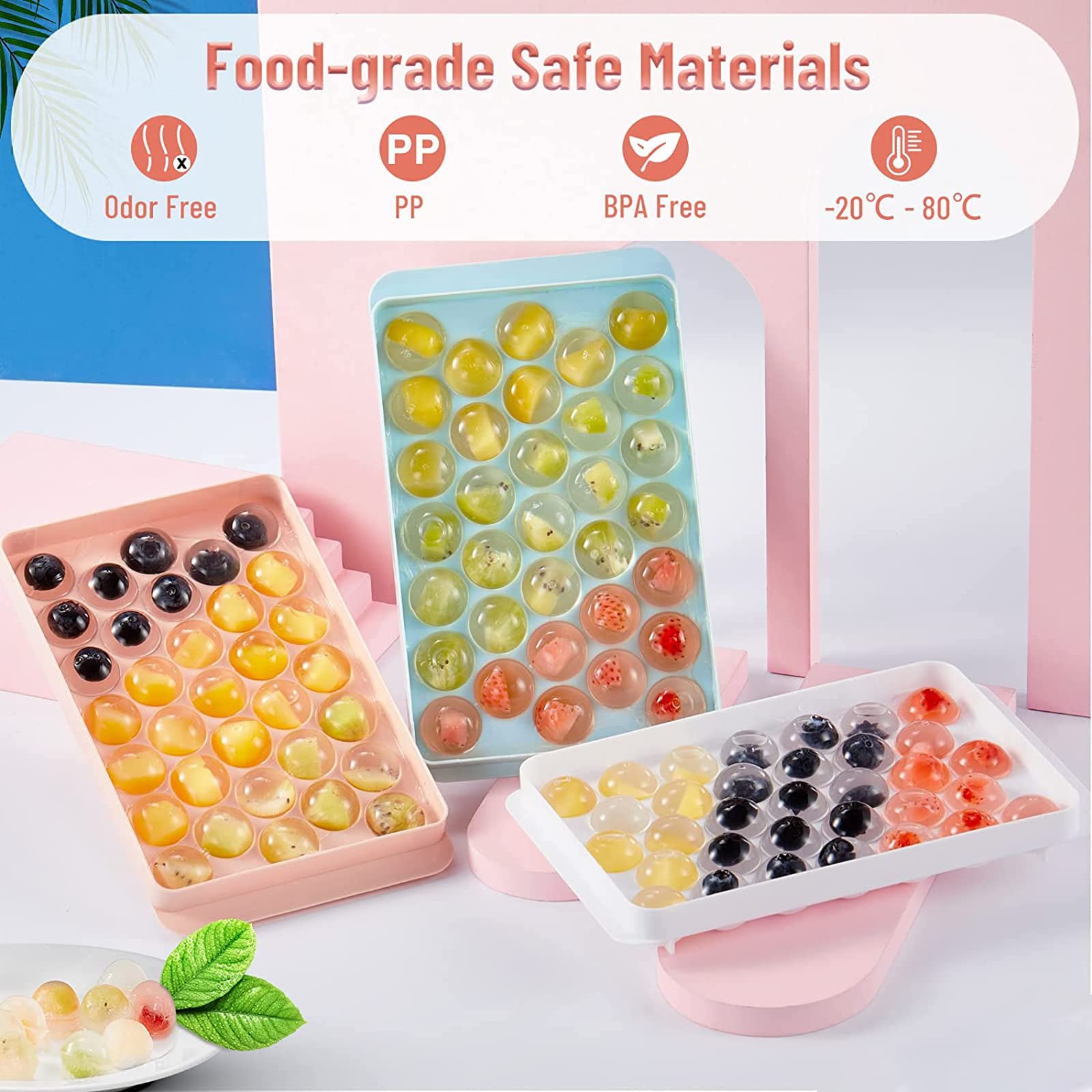 Set De 3 Bacs à Glaçons Silicone - Moules Glaçons Sphériques, Carrés Et Hexagonaux Avec Couvercle