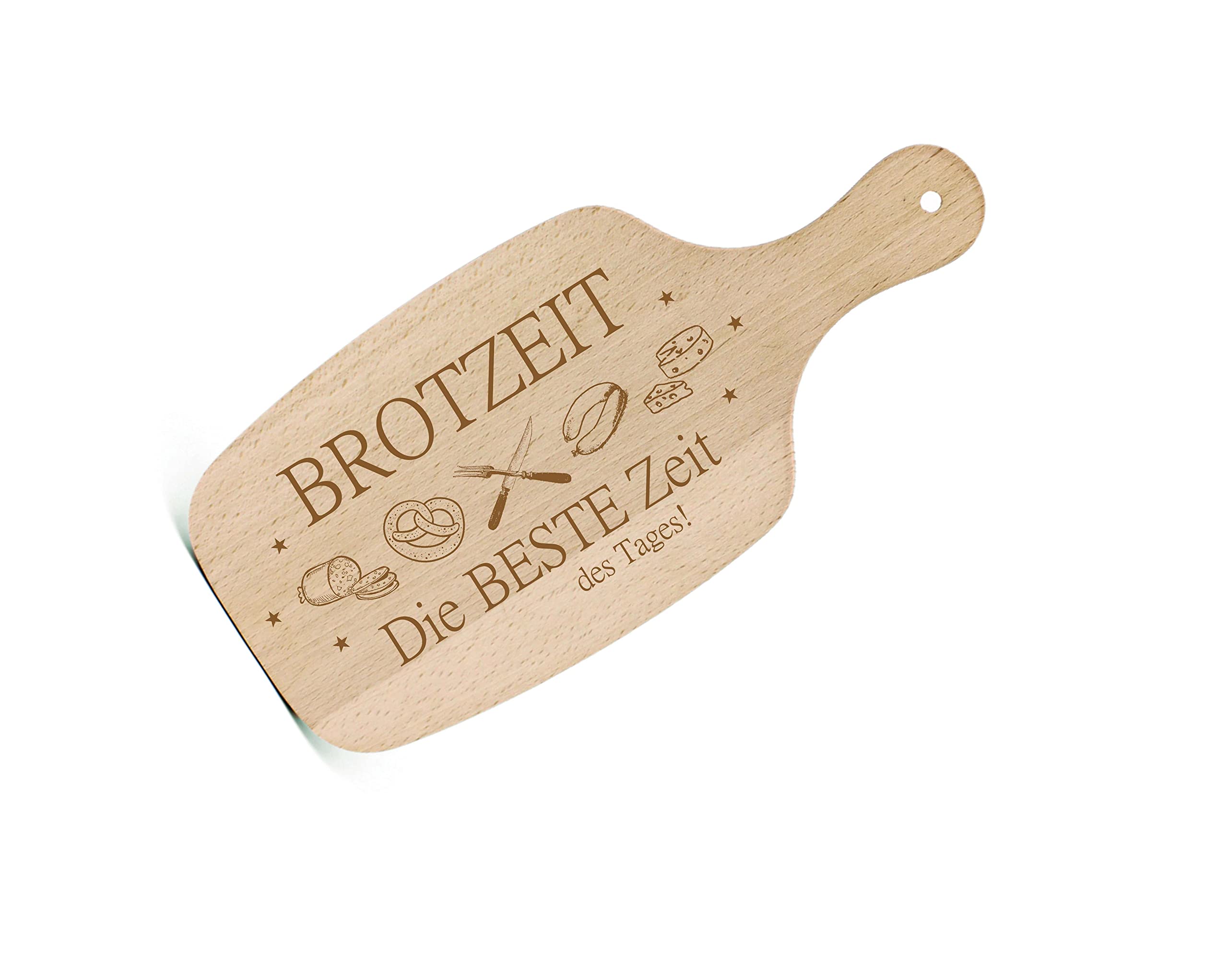 Bread Board Breakfast Board Engraved – Brotzeit, das beste Zeit des Tag! Rustic Wooden Board Chopping Board with Handle Kitchen Decoration 34 x 15 cm (Bread Time - Landscape)