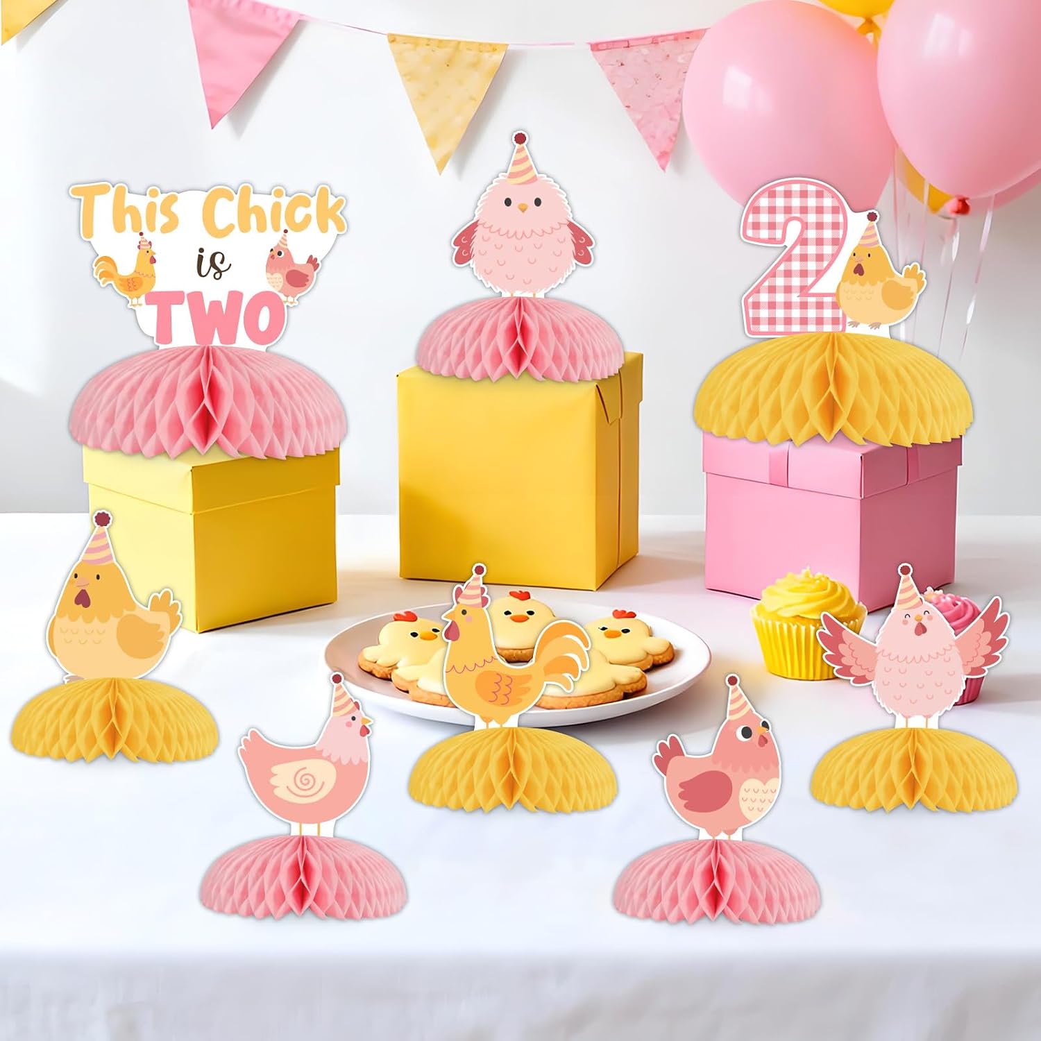 Kreatwow This Chick Is Two Birthday Honeycomb Centerpieces Chick 2nd Birthday Decorations Girl Farm Theme Table Décor Pink Yellow Double-Printed Paper Party Supplies for Indoor Outdoor Celebration