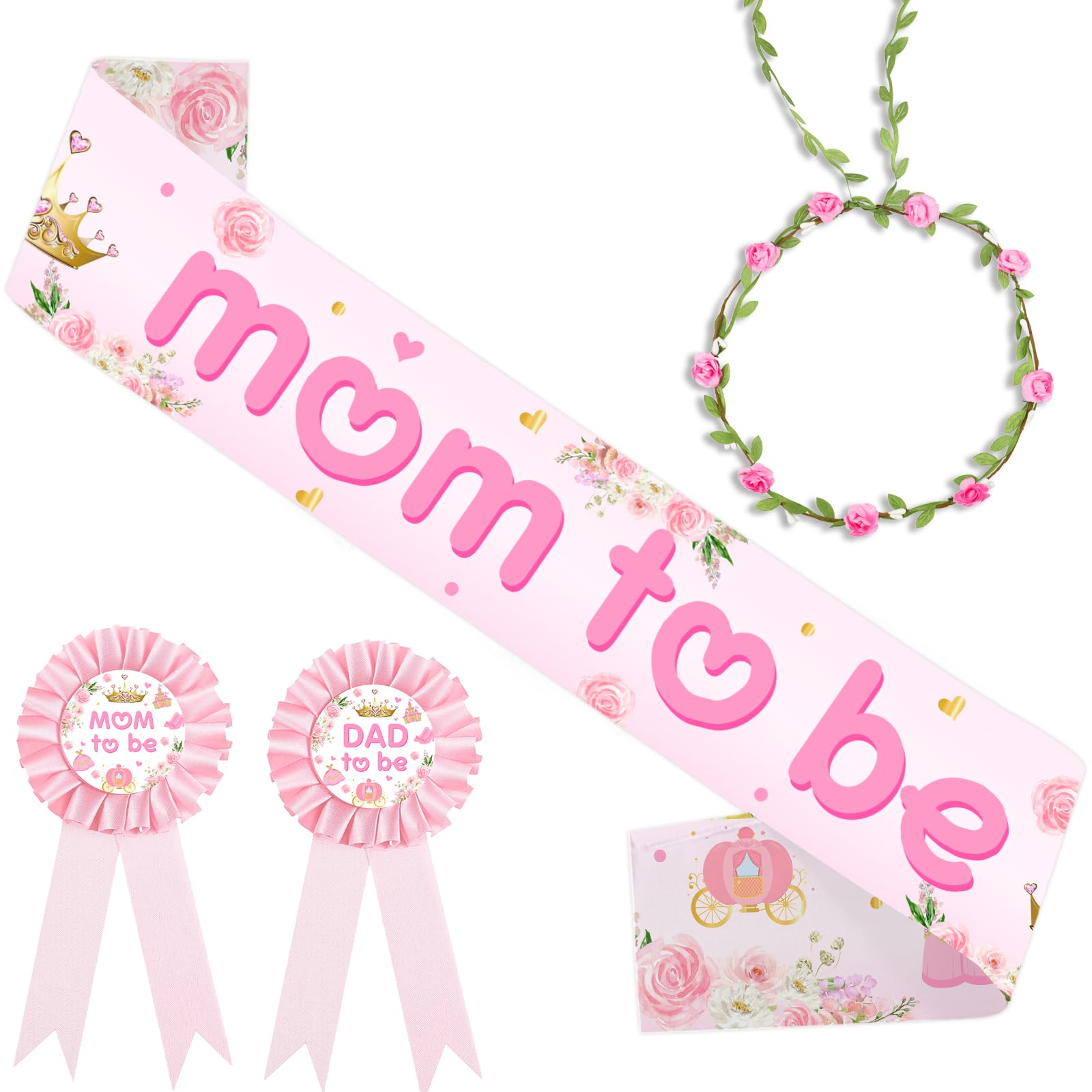 Princess Baby Shower Maternity Sash Kit Pink Princess Mom to Be Sash Dad to Be Corsage Pins Flower