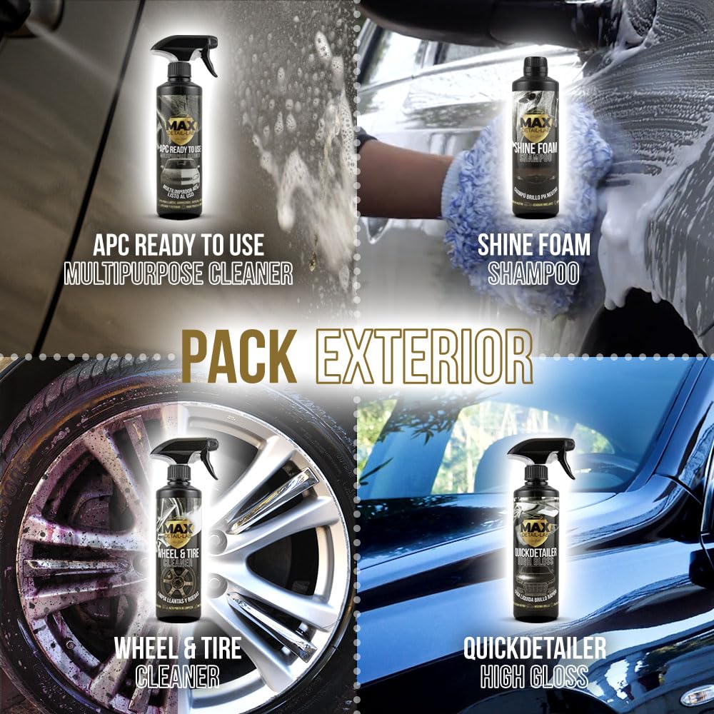 MAX DETAIL-LAB - Exterior Pack – zestaw do czyszczenia samochodu, zestaw do mycia na zewnątrz z akcesoriami, środek do czyszczenia felg Iron Cleaner, szampon samochodowy z aktywną pianką, szybki