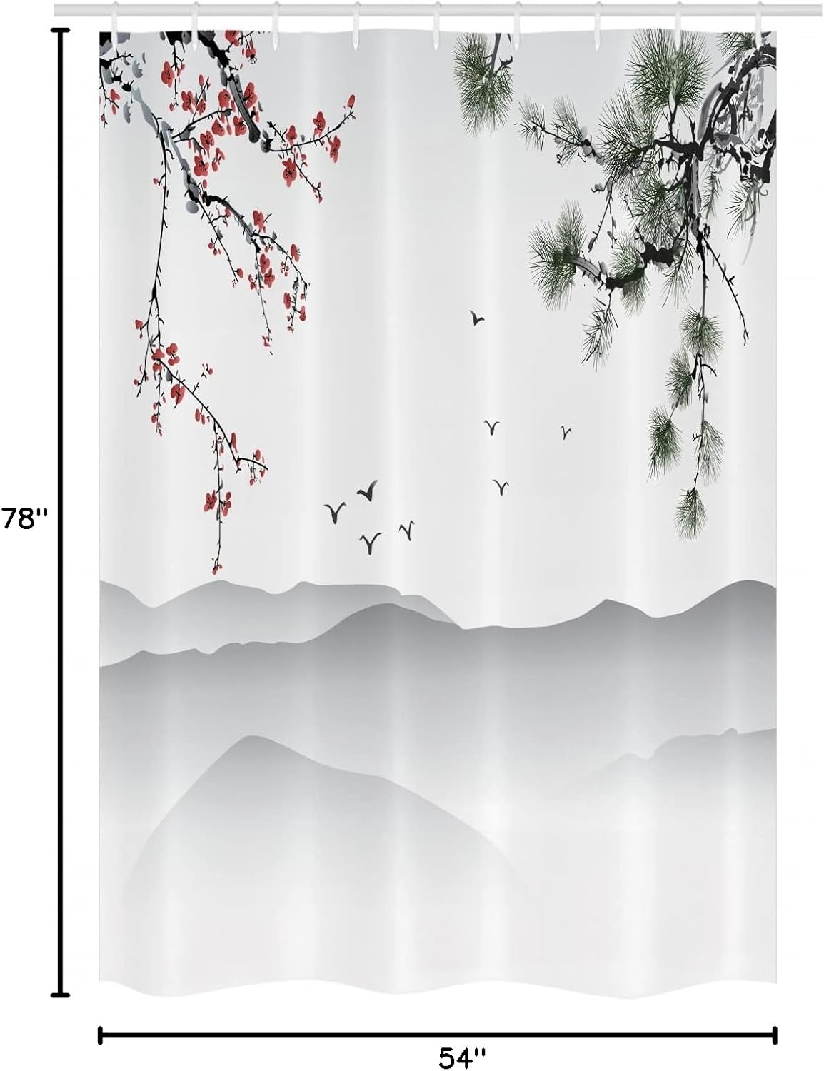 Ambesonne Floral Stall Shower Curtain, Chinese Painting Style Art Tree Branches Birds Mountains Landscape Art, Fabric Bathroom Decor Set with Hooks, 54" W x 78" L, Red Green Black