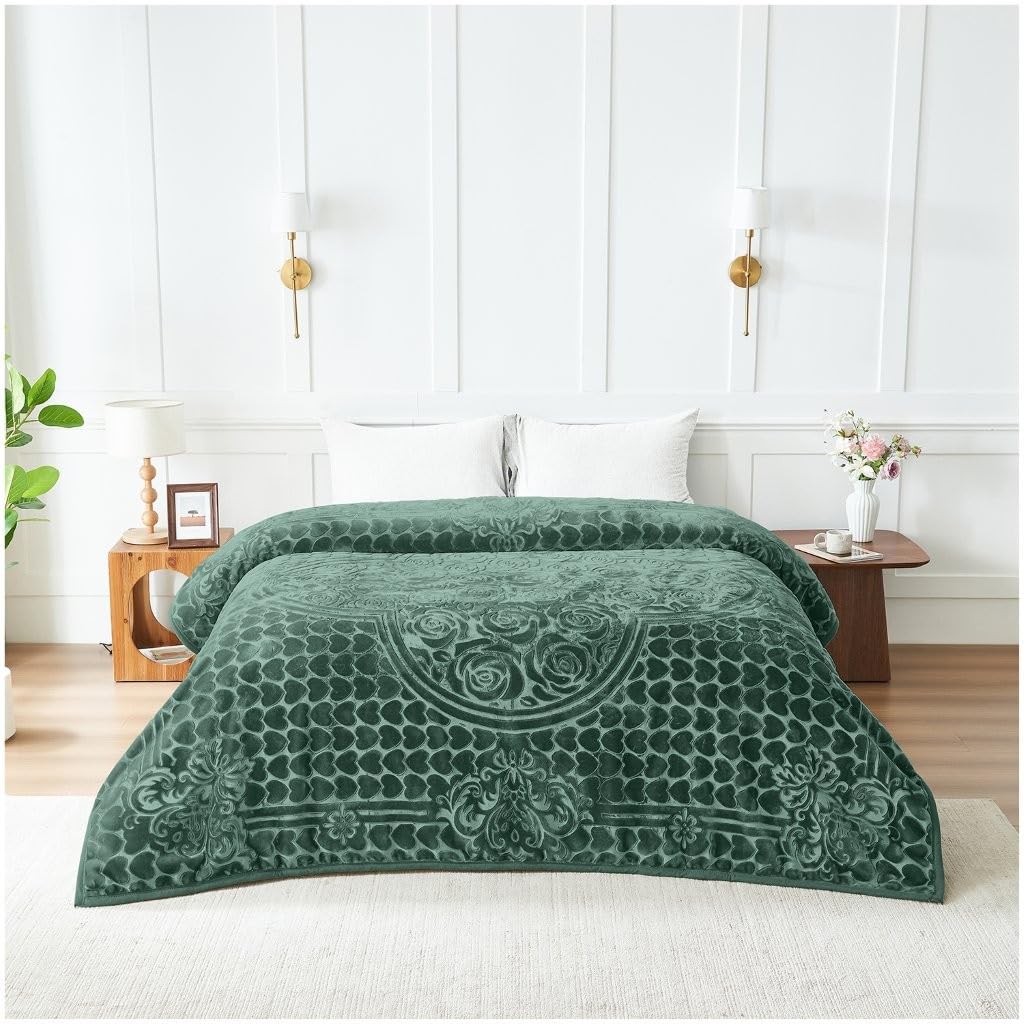 Lions Weighted Blanket King Size - 4KG Fleece Warm Blanket, Soft Thick Bed Heavy Throws for adults, Stress-Anxiety Relief, Embossed Floral Heart Pattern - (200x240 cm) - Blossom Heart - Green