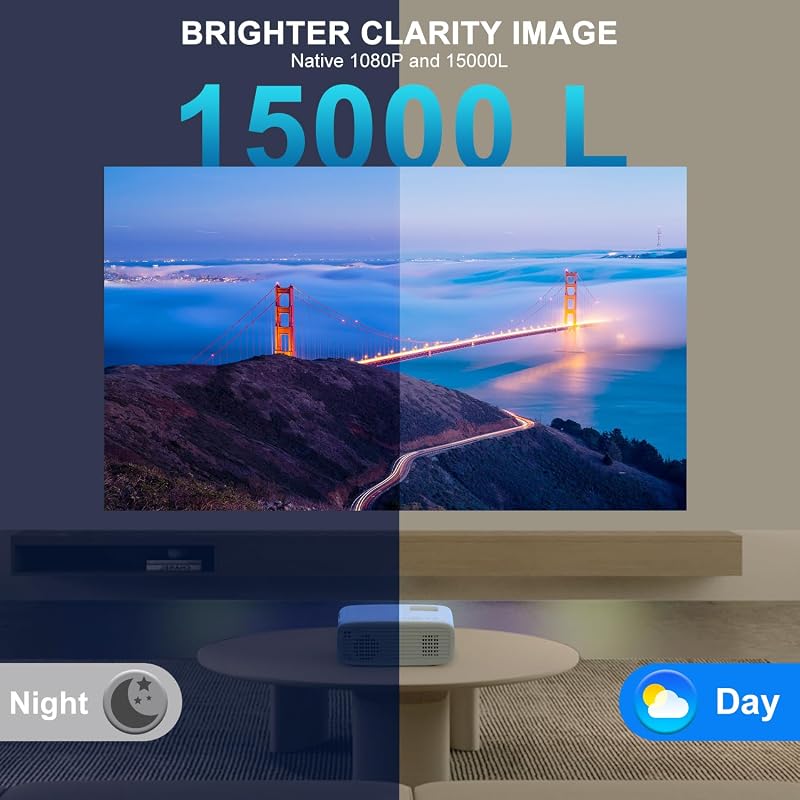 AKATUO 4K Támogatott Hordozható Projektor, Natív 1080P Felbontás, 15000L Fényerő, 5G WiFi, Bluetooth 5.2, 50% Zoom, Otthoni Mozi és Kültéri 
