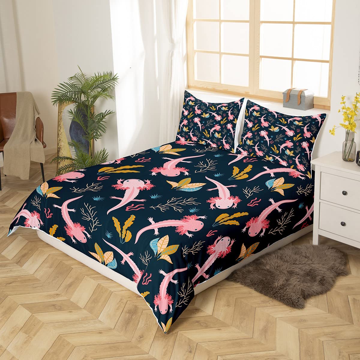 Erosebridal Cartoon Axolotl Comforter Cover for Kids Boys Girls,Kawaii Axolotl Duvet Cover King,Cute Reptiles Fish Sea Weed Bedspread Cover Bedroom Decor Coastal Ocean Bedding Set Zipper Closure