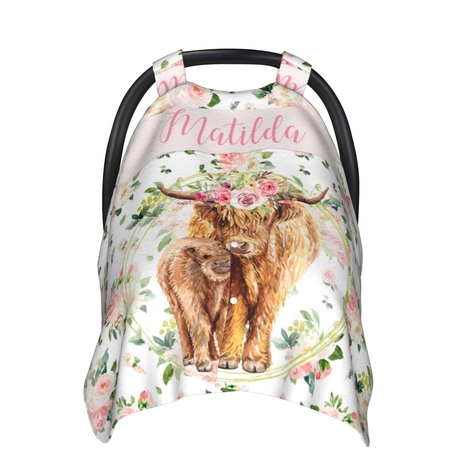 Personalized Baby Car Seat Canopy for Babies with Name, Custom Floral Cow Stroller Car Seat Covers for Girls, Minky Nursing Carseat Cover for Breastfeeding, Car Seat Canopies for Newborn