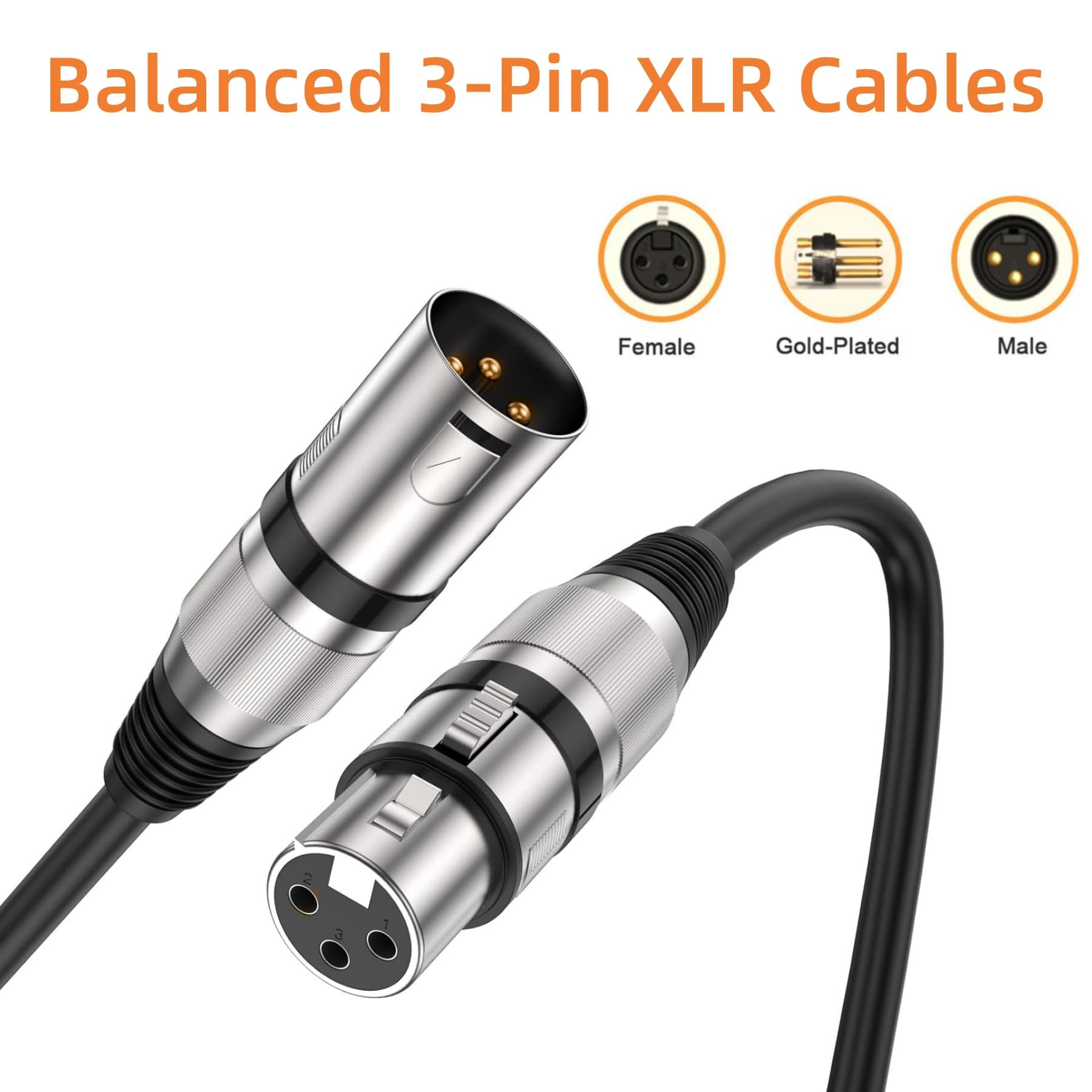 XLR-Kabel, 3 m, 6 Stück, vergoldet, 3-polige Mikrofonkabel, 3 m, XLR-Stecker auf Buchse, Farbstecker, XLR-Mikrofonkabel, symmetrisches Mikrofonkabel, ideal für Mikrofon, Mixer