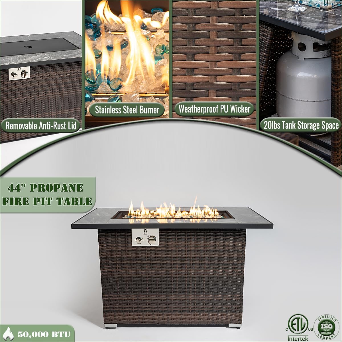Outdoor Propane Fire Pit Table for Outside Patio, 43 Inch Wicker Firepits for Outside, Rectangle Gas Fire Pit for Garden, Pool, Backyard, 50,000 BTU, Tank Inside, Espresso Color