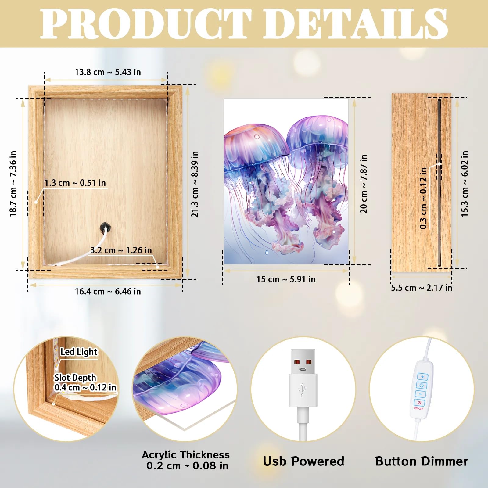Light Up Painting, Watercolor Jellyfish Wall Art Picture Light Abstract Jellyfish Light Up Art Frame, 10 Brightness USB Powered 3 Lighting Modes, Relief Gift for Bedroom Home-Without Acrylic Panel