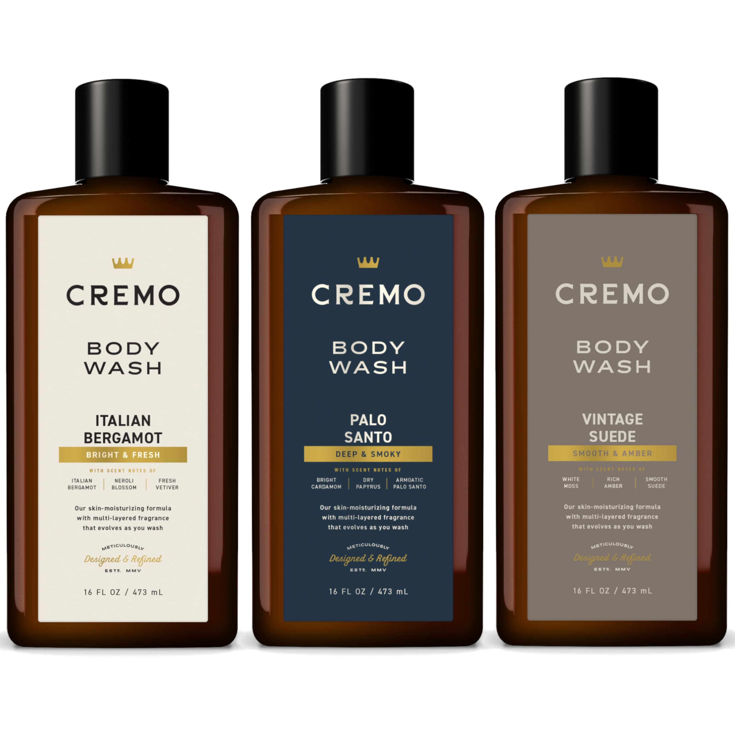 Cremo Body Wash Gift Set for Men - Includes Italian Bergamot, Palo Santo, Vintage Suede Scented Body Wash - 16oz each (3 Pack)