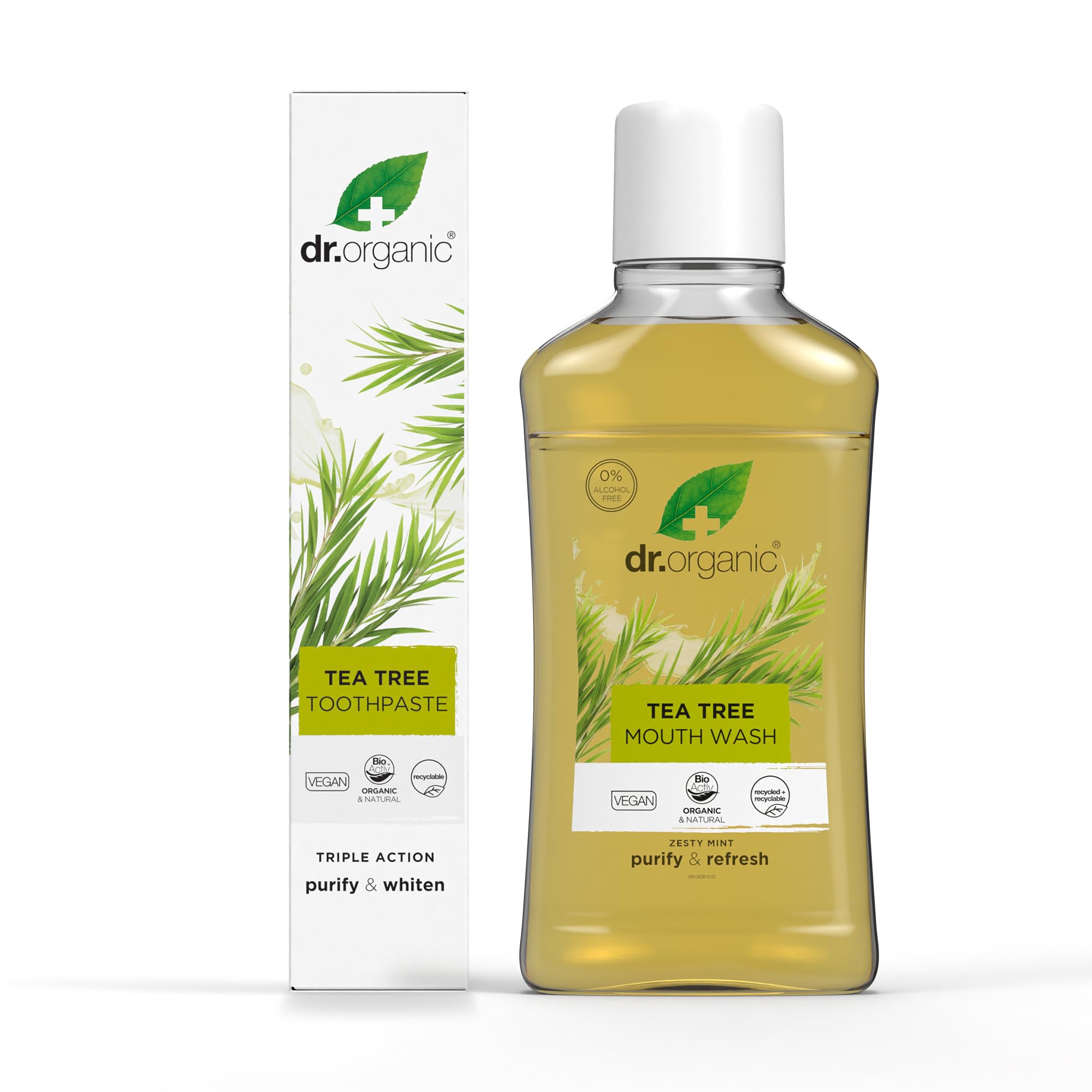 Dr Organic Tea Tree Toothpaste 100ml & Mouthwash 500ml - Alcohol Free, Natural, Bad Breath & Healthy Gums, Paraben & SLS Free, Vegan