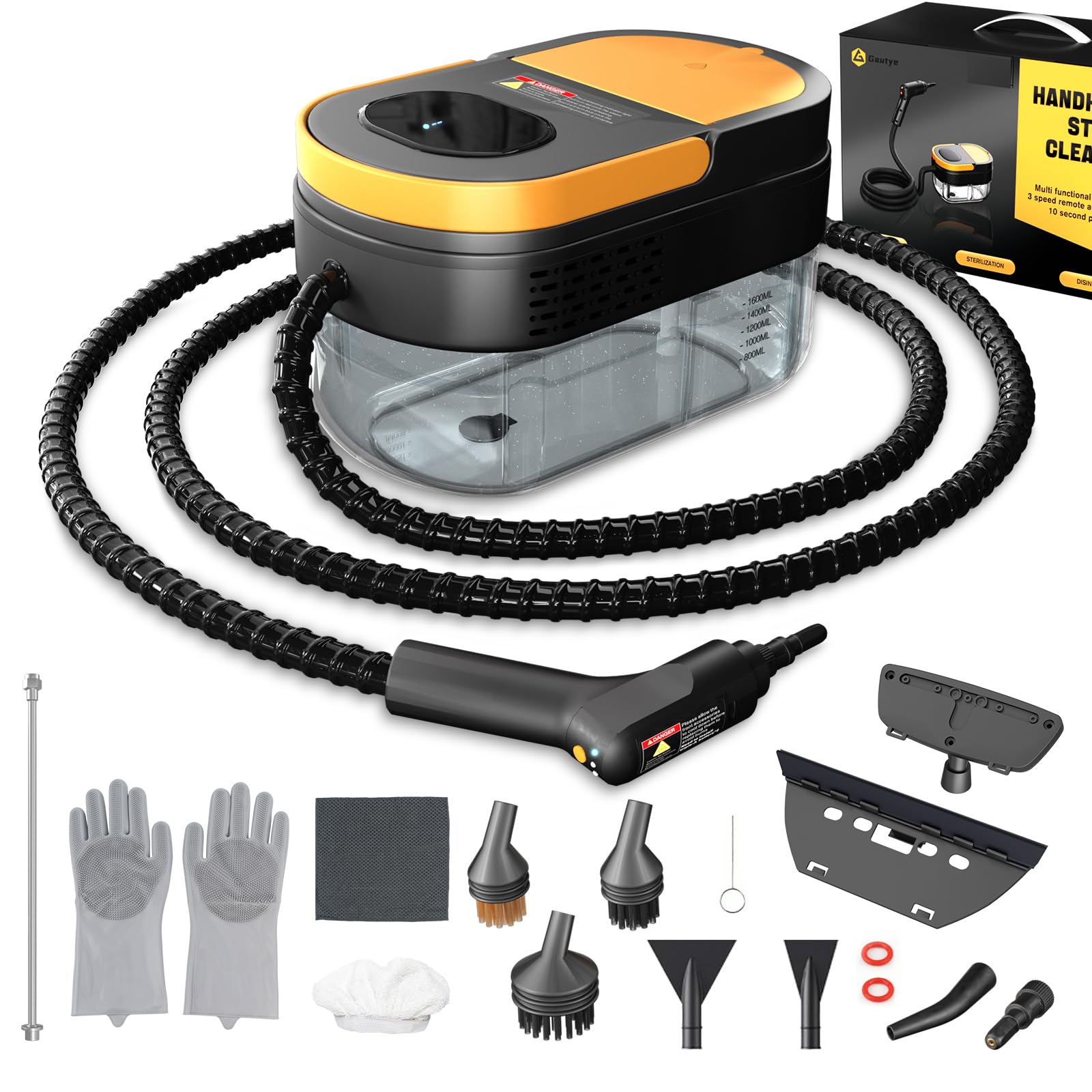 Gautye Steam Cleaner, 3-Level Adjustable Handle, 15s Heat-Up, 1.69 Quarts Tank, Portable Steamer for Cleaning with 15 pcs Accessories, Steam Cleaner for Home for Dirt, Grease, Grout, Tile,Floor, Car