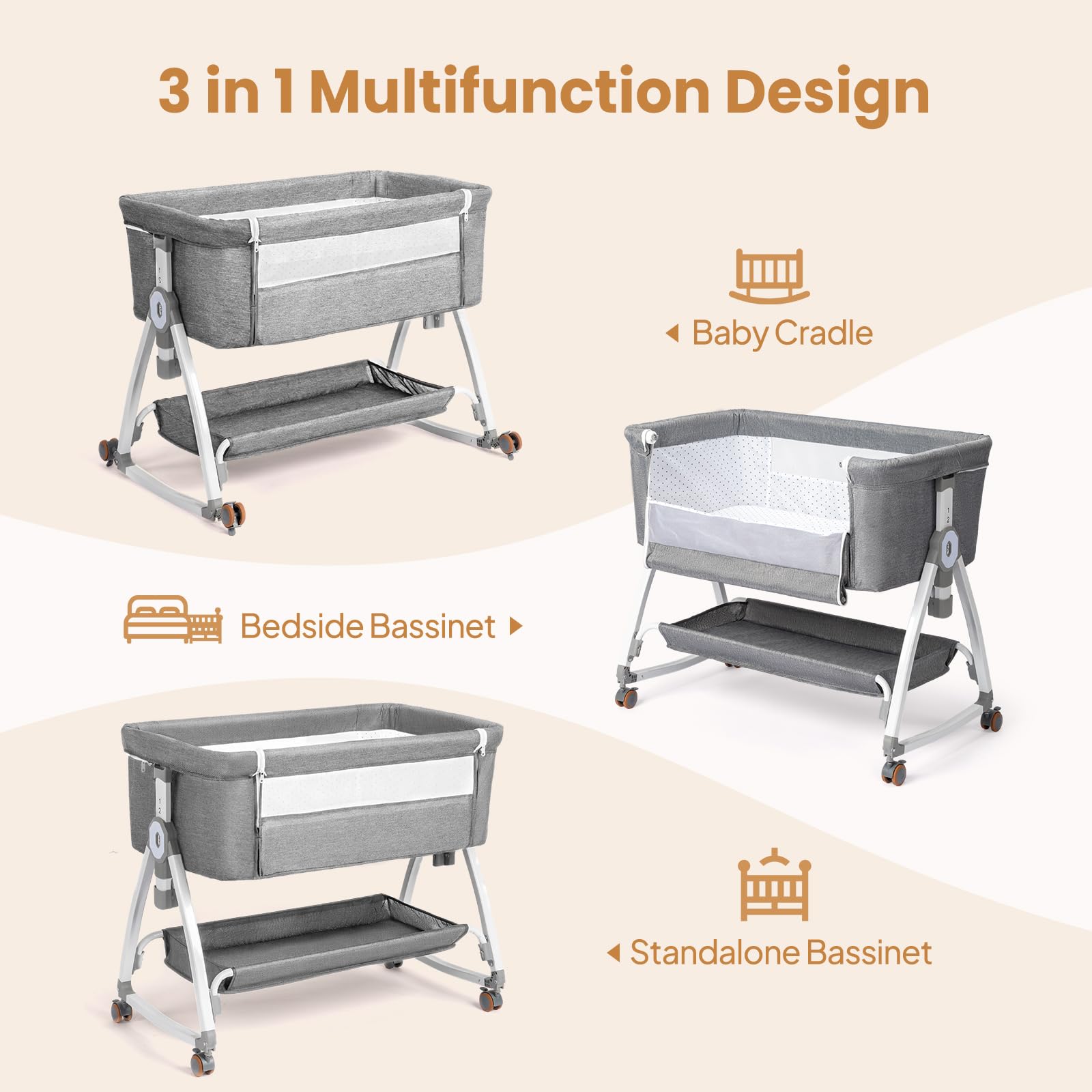 JOYMOR 3 in 1 Baby Bassinet, Bedside Bassinet for Baby, with Comfy Mattress and Wheels, 6 Height Adjustable Easy Folding Portable Bedside Crib for Newborn (Gray)