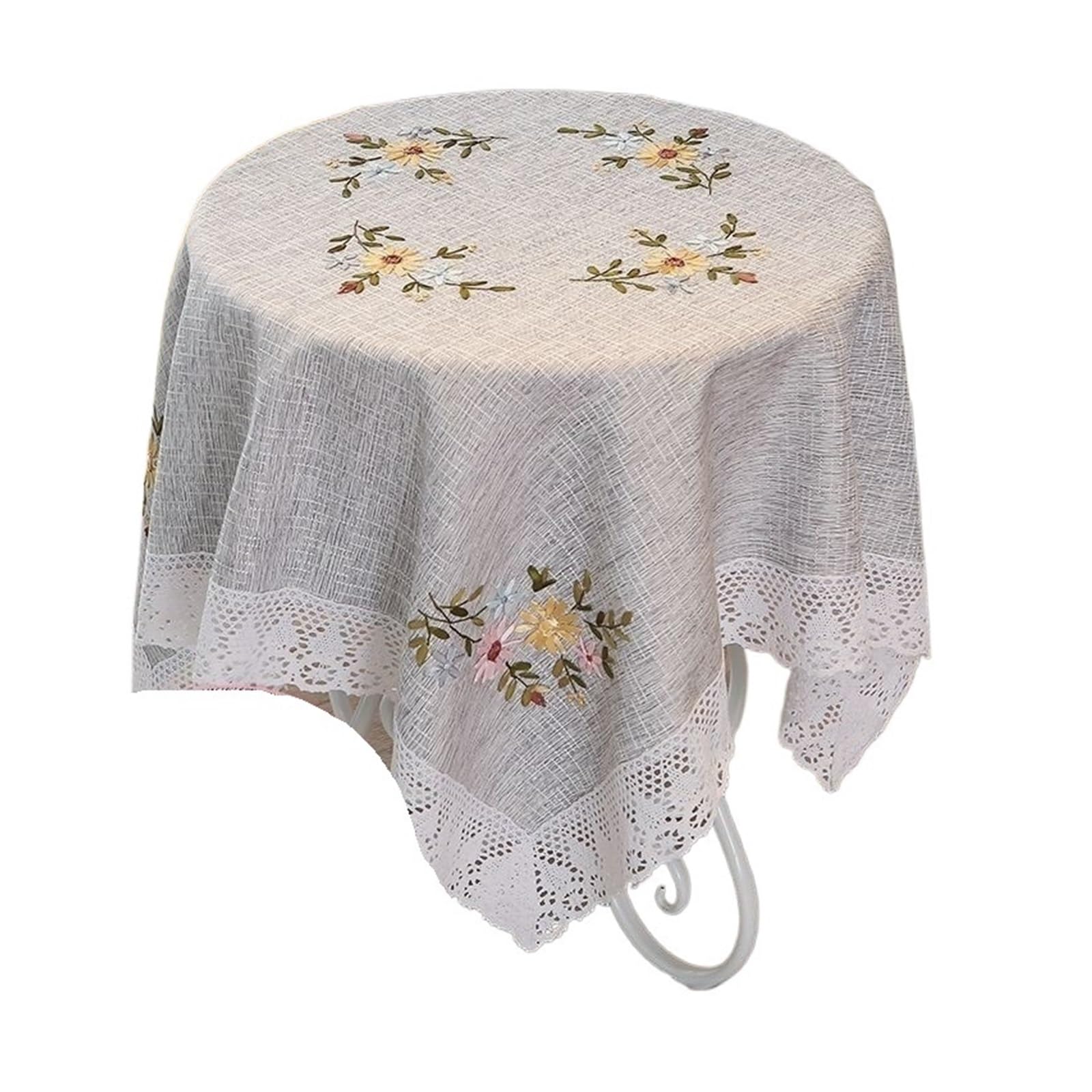 NJIEzhao Embroidered Lace Tablecloth Embroidered Cotton Linen Tablecloth Rectangular White Lace Tea Table Cloth Art Cover European Countryside Living Room(Gray small sunflower 110 * 160)