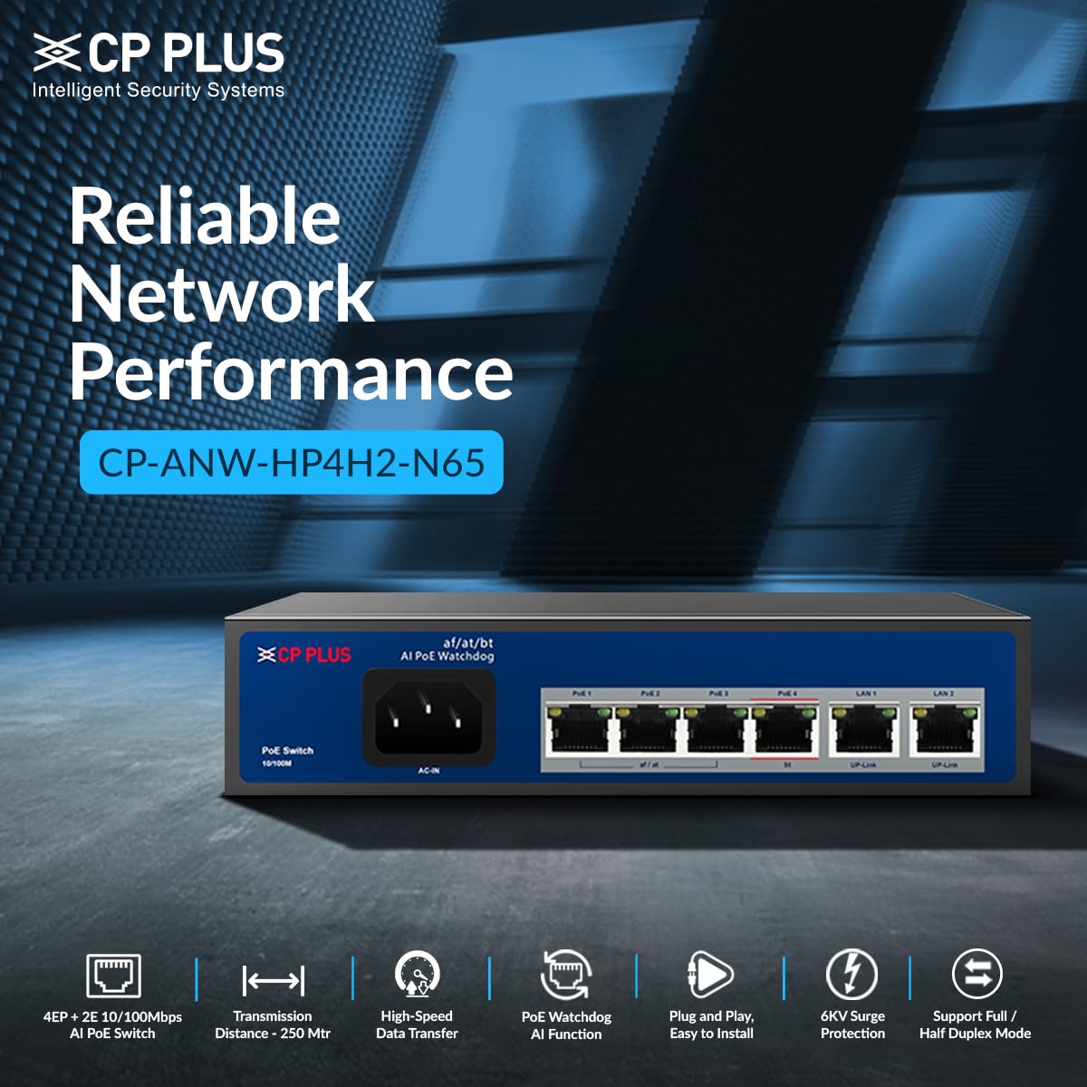 CP Plus 4EP + 2E Port 10/100Mbps AI PoE Switch | Easy and Smart Managed | Plug and Play | PoE Watchdog AI Function | CP-ANW-HP4H2-N65