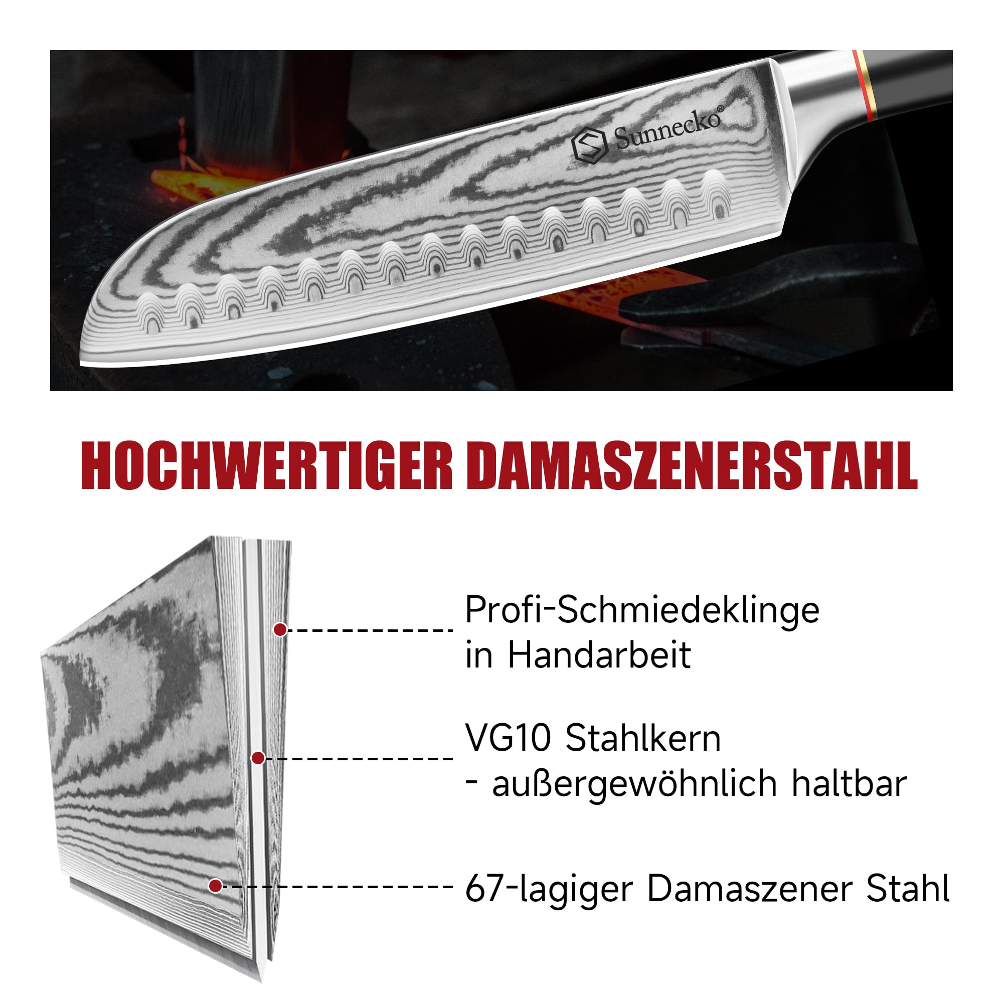 Sunnecko Santoku Messer Damastmesser 17cm, Hochwertiges Küchenmesser aus VG-10 Stahl, Fleischmesser mit Ergonomischem Griff, Schärfes Kochmesser für Lebensmittel