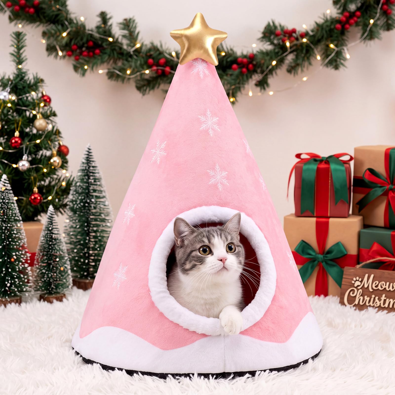 RattanView Cat Bed House Pet Cushion for Indoor Kitten Pet,Christmas Tree