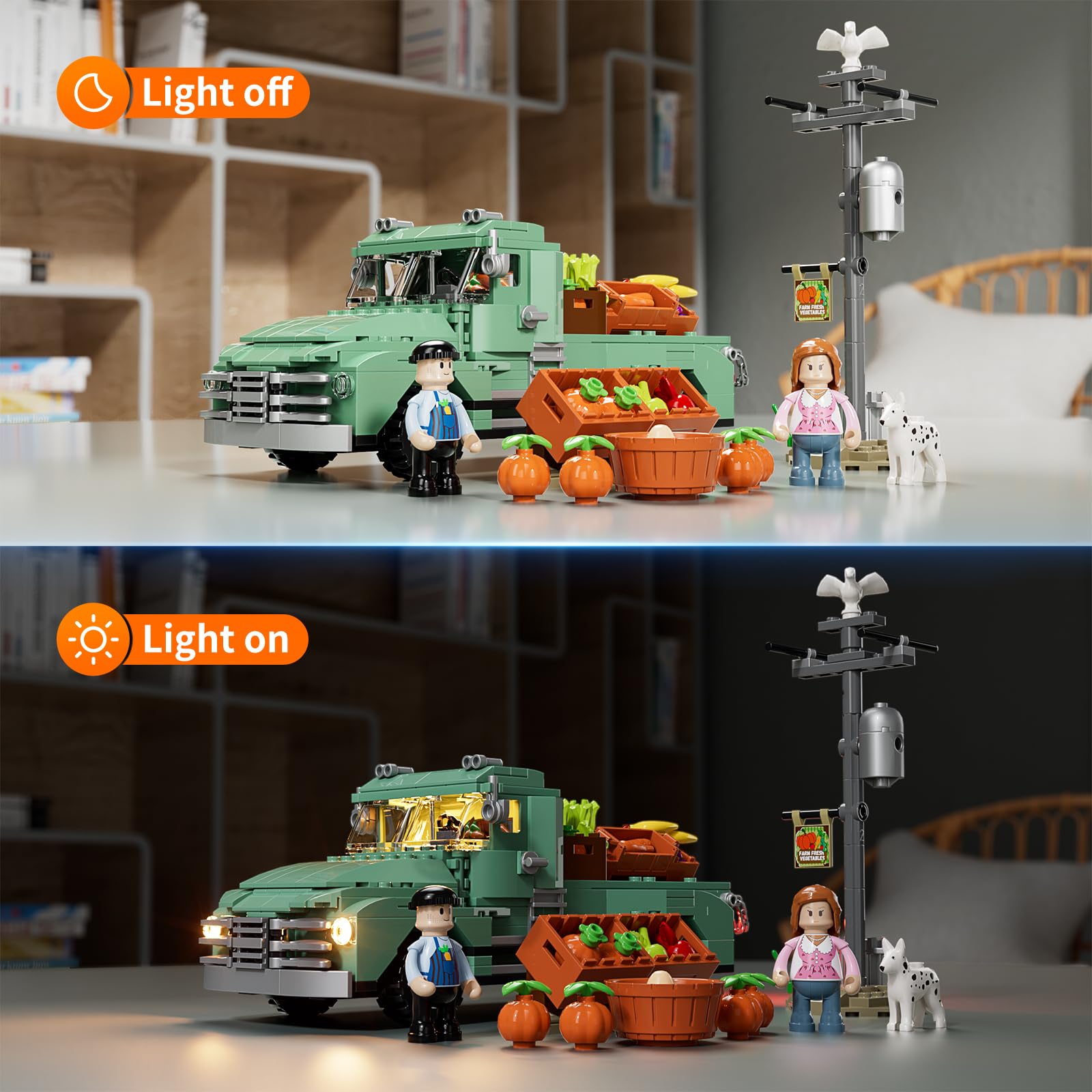 FUNWHOLE Bauernhof Lastwagen Beleuchtungs Bausteine Set - Retro Bauernhof Lastwagen LED Licht BAU Modell Set 552 Stück für Erwachsene und Teenager