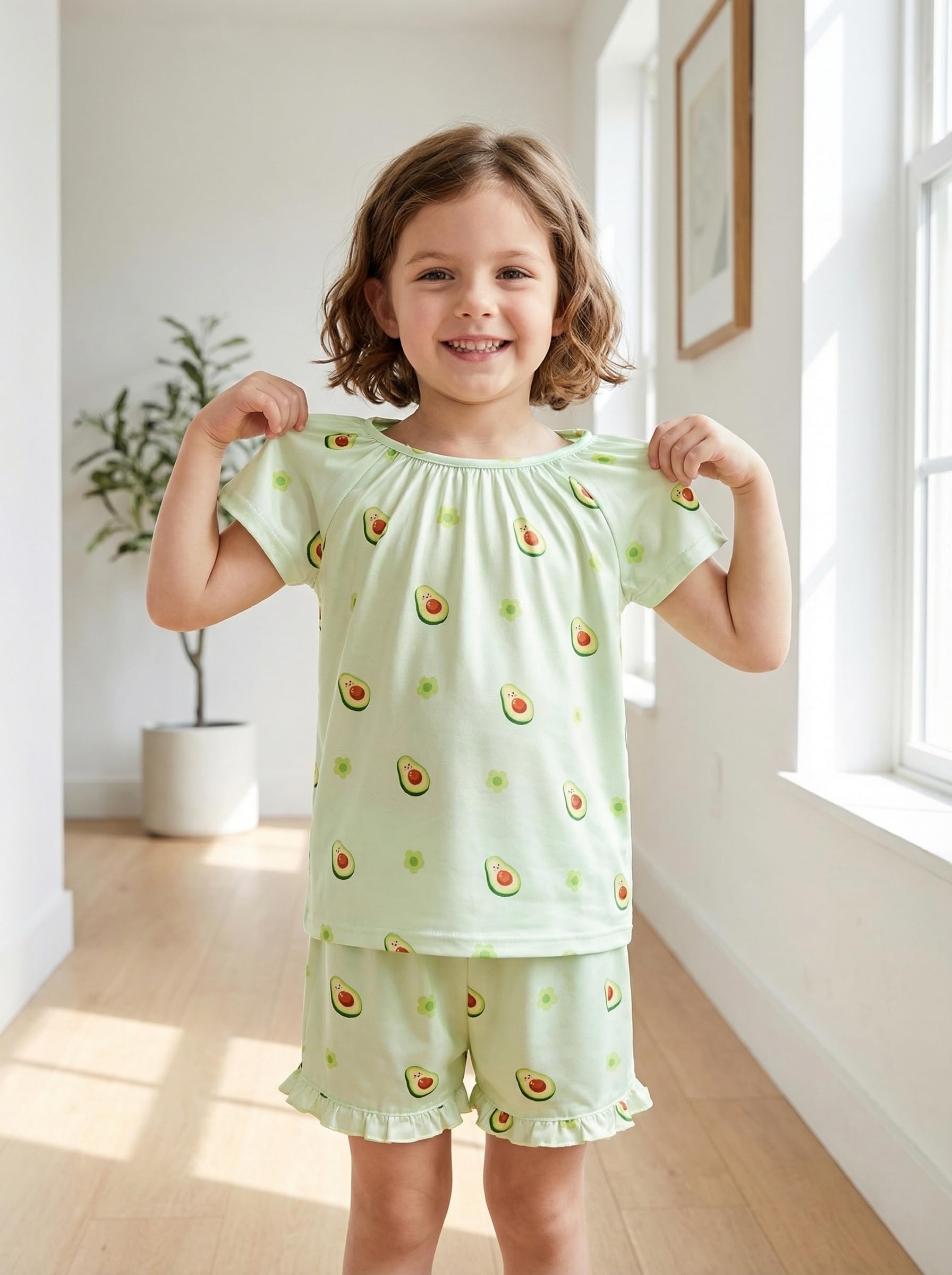 JiAmy Pigiama estivo da bambina, 3 pezzi, top a maniche corte e pantaloncini con volant con elastico carino stampato per bambini, set da notte per bambini dai 4 ai 14 anni
