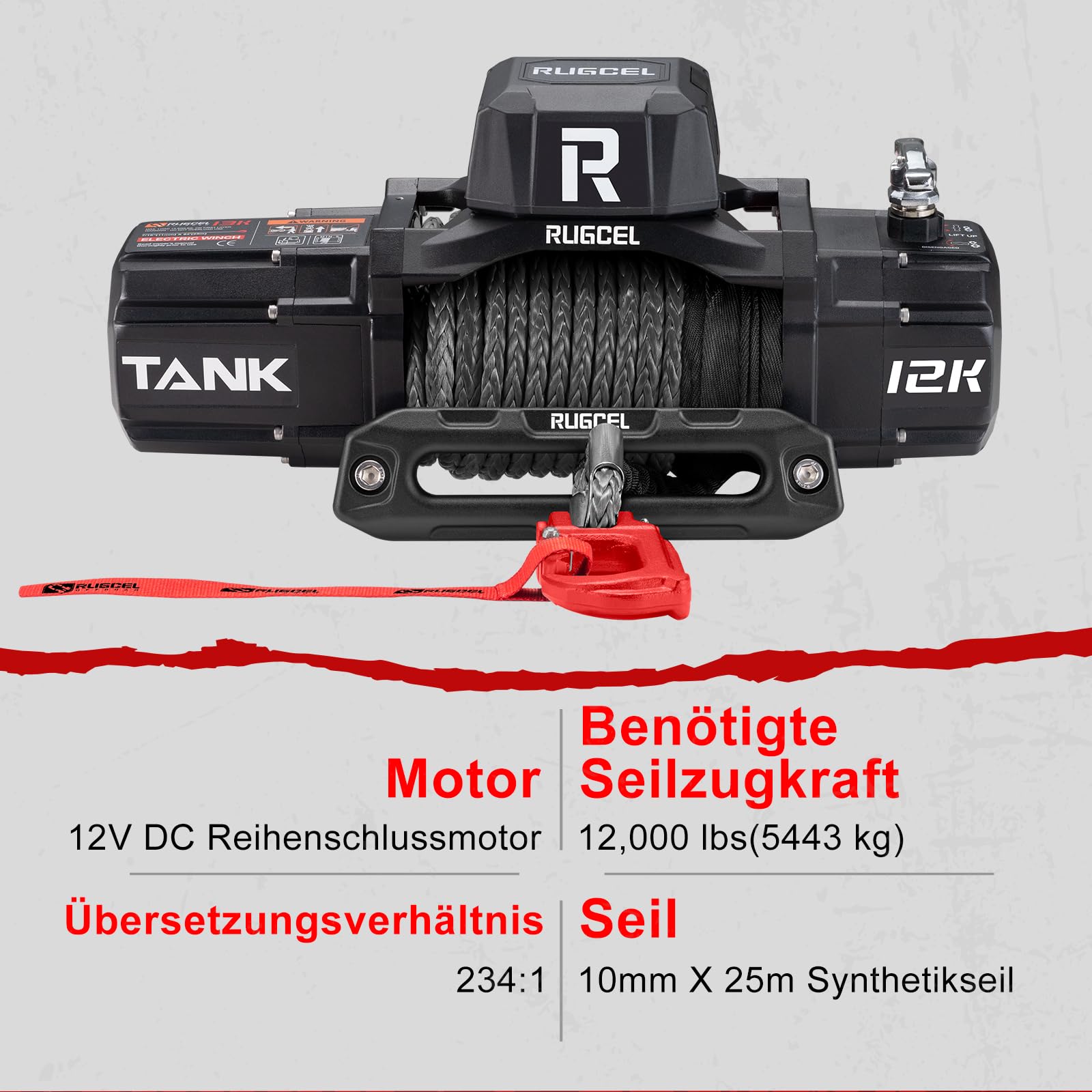 RUGCEL WINCH Elektrische Seilwinde 5443 kg (12000 lbs), 12V DC, IP67 Wasserdicht, Synthetikseil Schwarz, Hawse Fairlead, 2-in-1 Infrarot-Fernbedienung, für LKW SUV Off-Road | Wasserdichtes schwarzes synthetisches Seil, Hawse Fairlead 2-in-1 Infrarot + Kab